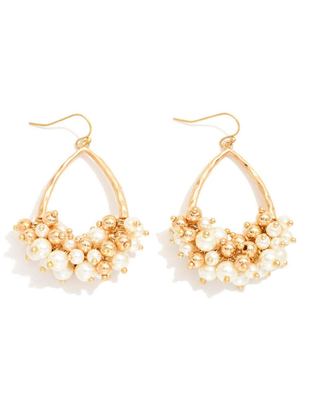 Gold Hammered Teardrop Pearl Cluster Drop Earrings Statement Dangle